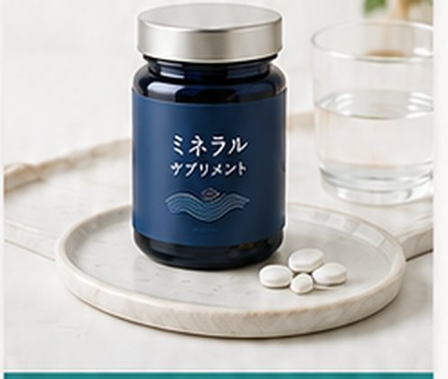 架空商品のミネラルサプリの制作例。藍色のボトルとグラス